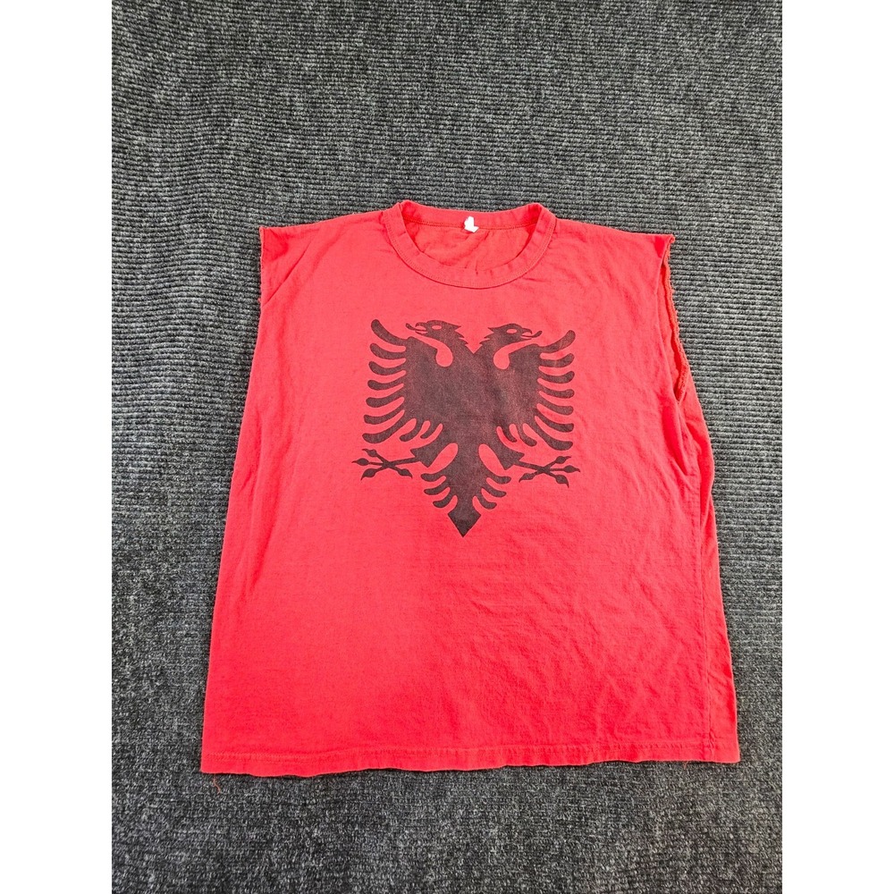 Mens Sleeveless Shirt XL Red Cotton Albanian Eagle Graphic Crew Neck Summer Wear